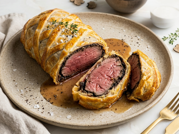Beef Wellington with Black Garlic Duxelle & Shallot Sauce