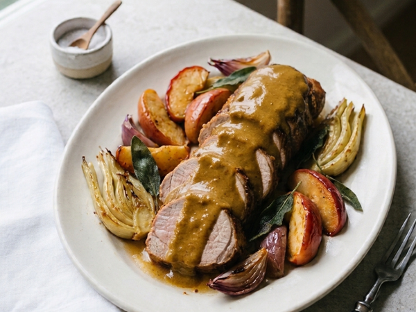 Black Garlic Mustard Glazed Pork Fillet with Roasted Apple, Fennel & Sage