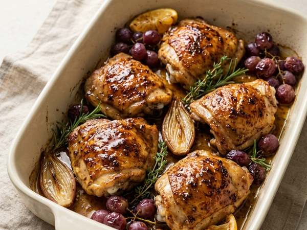Black Garlic Mustard & Honey Roast Chicken with Roasted Grapes, Shallots & Thyme