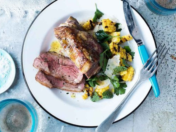 Rosemary & Black Garlic Lamb Rump with Charred Corn & Manchego Salad