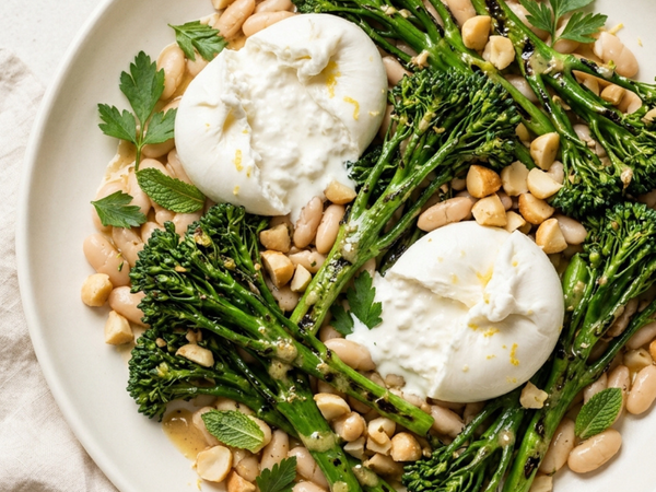 Charred Broccolini, Burrata & White Bean Salad with Black Garlic Mustard Vinaigrette