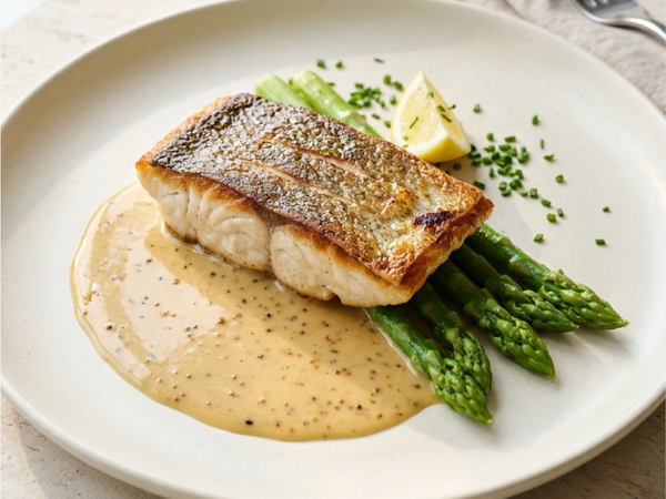 Crispy-Skin Barramundi with Black Garlic Mustard Butter Sauce & Asparagus