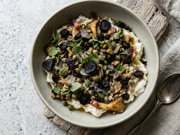 Chef Matt Golinski's - Goats Cheese with Oyster Mushrooms, Smoked Bacon, Capers & Black Garlic