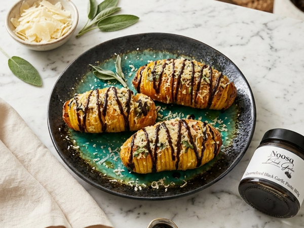 Hasselback (or Hasselhoff) Potatoes with Caramelized Black Garlic Paste, Truffle Manchego & Sage