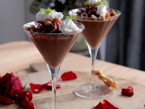 Chocolate Mousse with Strawberries & Black Garlic