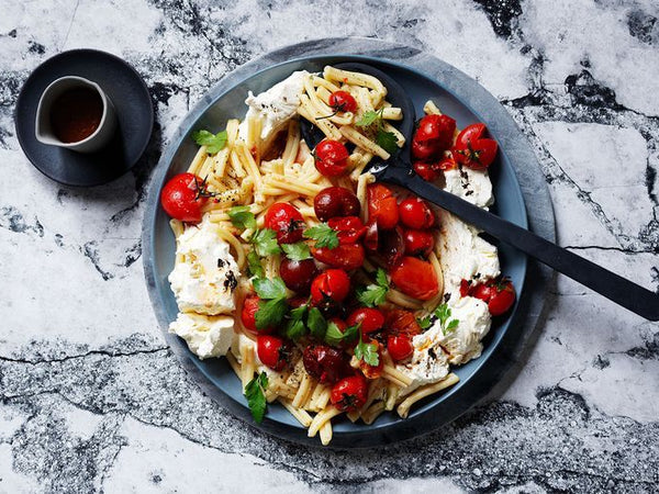 Squashed Tomato & Black Garlic Labneh Pasta Salad