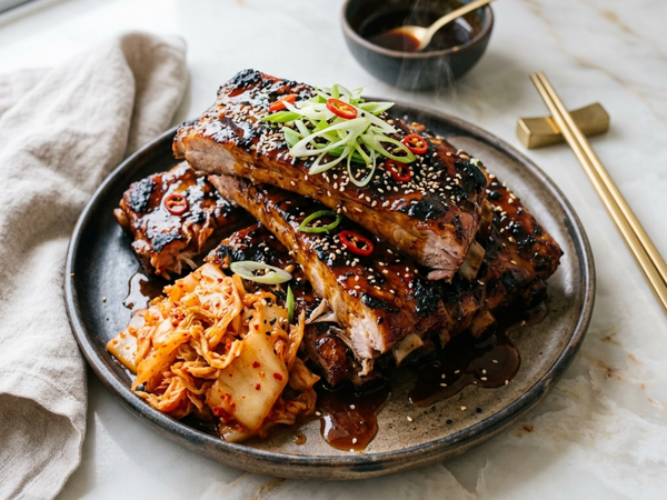 Korean-Style BBQ Pork Ribs with Black Garlic Honey & Kimchi