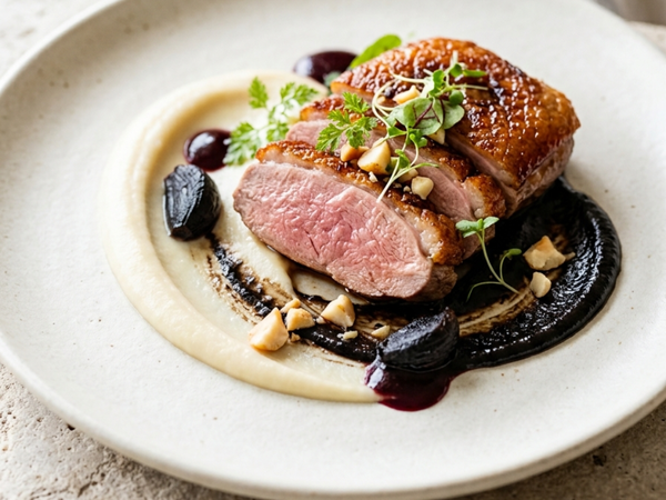 Roast Duck with Macadamia & Black Garlic Purée