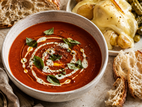 Smoky Tomato & Black Garlic Soup with Raclette on the Side