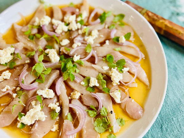 Kingfish Ceviche with Black Garlic White Balsamic Vinegar, Shallots & Persian Feta