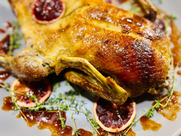 Roast Duck with Blood Orange & Black Garlic Sauce