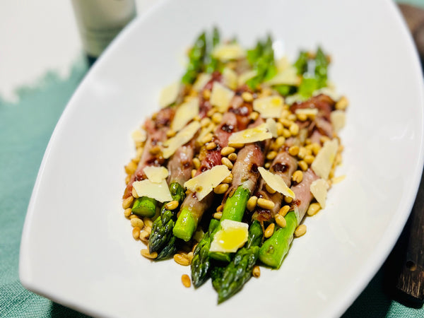 Grilled Asparagus with Prosciutto, Toasted Pine Nuts, Parmesan & Black Garlic Extra Virgin Olive Oil