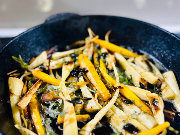 Roasted Carrots & Parsnips with Black Garlic Honey & Sage