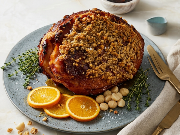 Macadamia Crust Baked Ham with Orange, Thyme & Black Garlic Honey