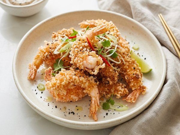 Crispy Prawn Cracker Prawns with Black Garlic Salt & Black Garlic Aioli