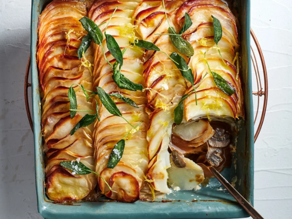 Potato & Mushroom Gratin with Black Garlic Butter & Fried Sage