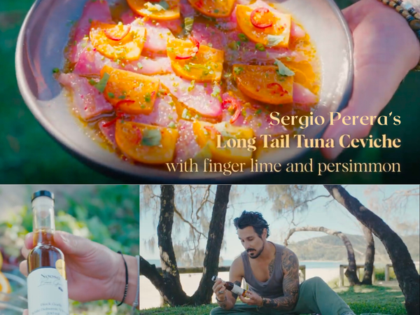 Longtail Tuna Ceviche with Finger Lime, Persimmon & Black Garlic