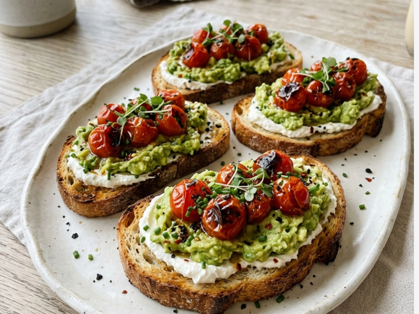 Smashed Avocado, Whipped Goat’s Cheese & Blistered Tomatoes with Black Garlic Salt
