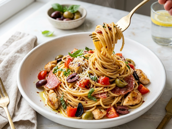 Spaghettini with Chicken, Salami, Olives, Tomatoes & Black Garlic