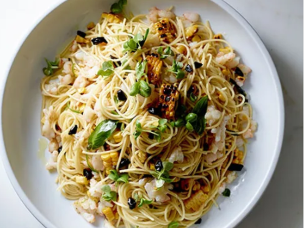Spaghettini with Prawns, Charred Corn, Green Chilli & Black Garlic