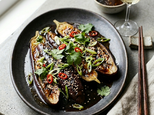 Steamed Eggplant with Three Flavours & Black Garlic