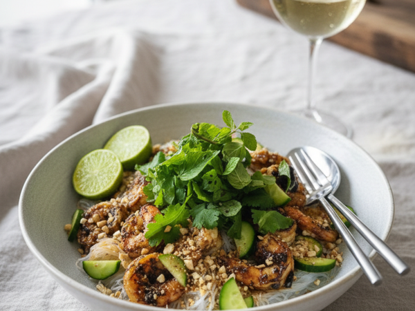Vietnamese Vermicelli Salad with Black Garlic Prawns