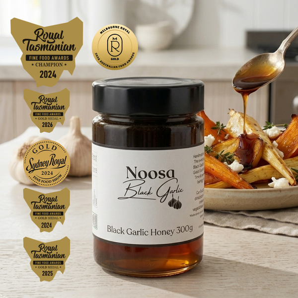 Noosa Black Garlic Honey - Champion Trophy Winner - drizzled over roasted vegetables with goat's cheese