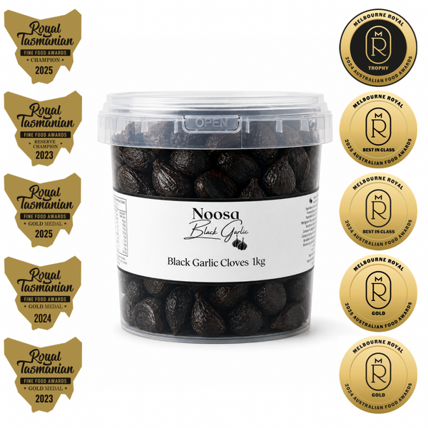 Noosa Black Garlic Black Garlic Cloves 1 kg tub with clear lid and white product label
