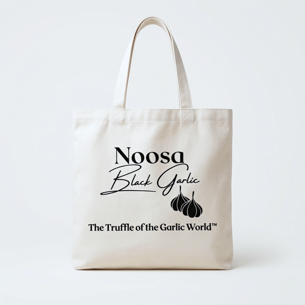 Noosa Black Garlic branded tote bag in natural cotton – premium reusable shopping bag.